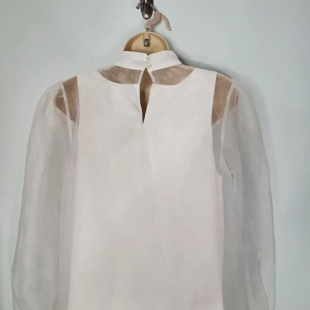 Mare Mare Long Sleeve Organza Overlay Mini Dress White High Neck Size Small - Picture 7 of 14